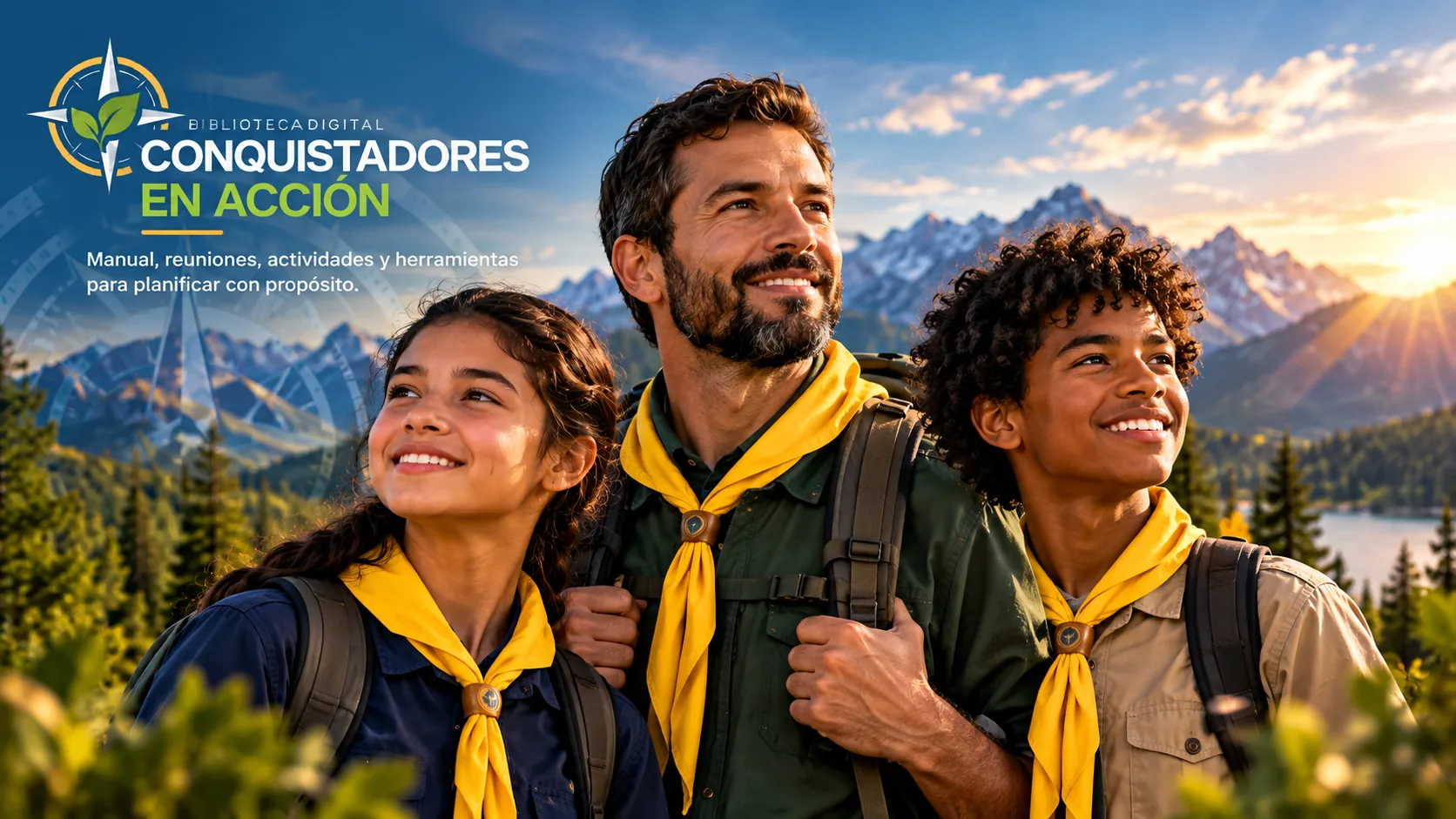 Biblioteca digital Conquistadores en Acción: manual, reuniones, actividades y herramientas para planificar con propósito. Un directivo y dos conquistadores con mochila frente a un paisaje de montañas.