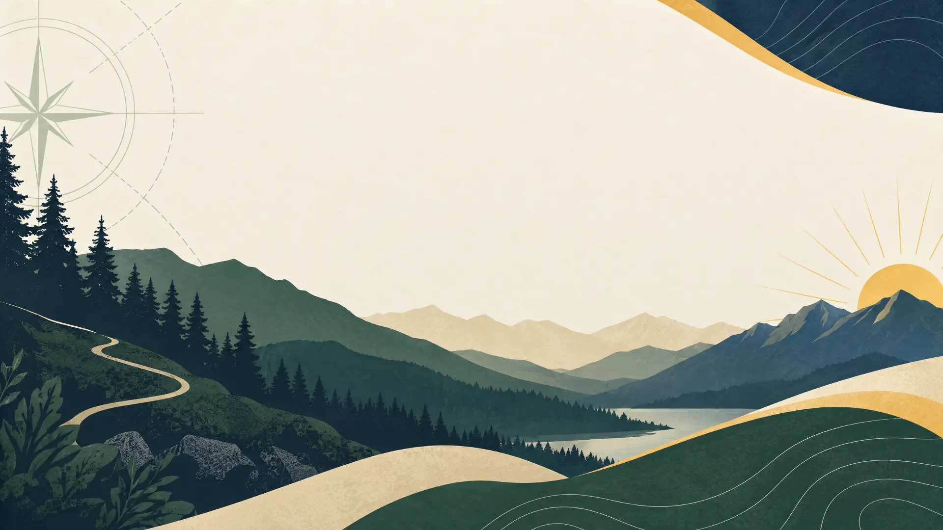 Paisaje ilustrado de montañas, bosque y un sendero